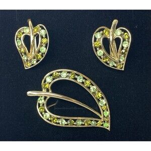 Vintage Green Rhinestone Leaf Brooch Earrings Set Gold Tone 60s Mod